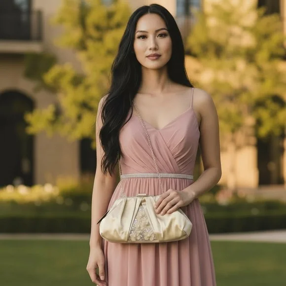 New Badgley Mischka Gold Satin Clutch w/ Pearl Flowers NWT Retail $179 - Picture 2 of 12